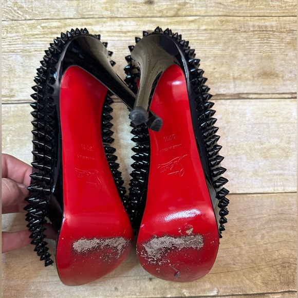 Christian Louboutin Black Patent Spike Lady Peep Toe Platform Pumps. - Picture 6 of 8